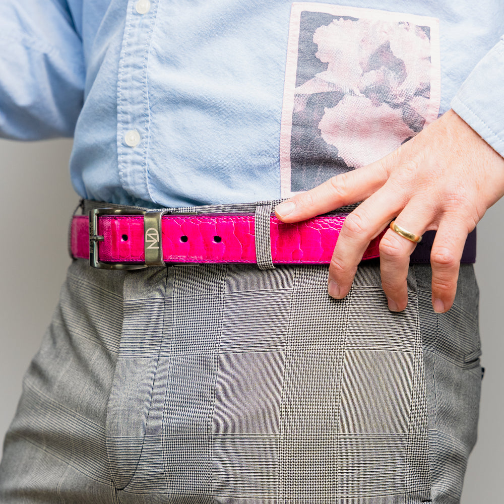 Alessio Genuine Ostrich &amp; Ostrich Leg Exotic BeltPink / Purple
