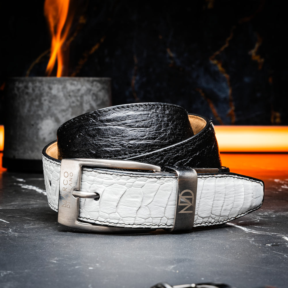 Genuine Ostrich Leg Alessio Exotic Belt Reversible White / Black