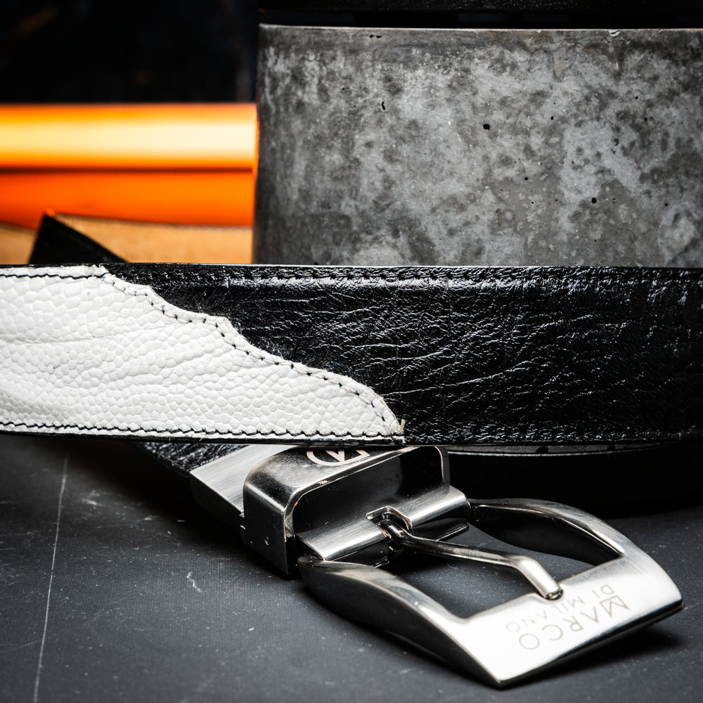 Genuine Ostrich Leg Alessio Exotic Belt Reversible White / Black