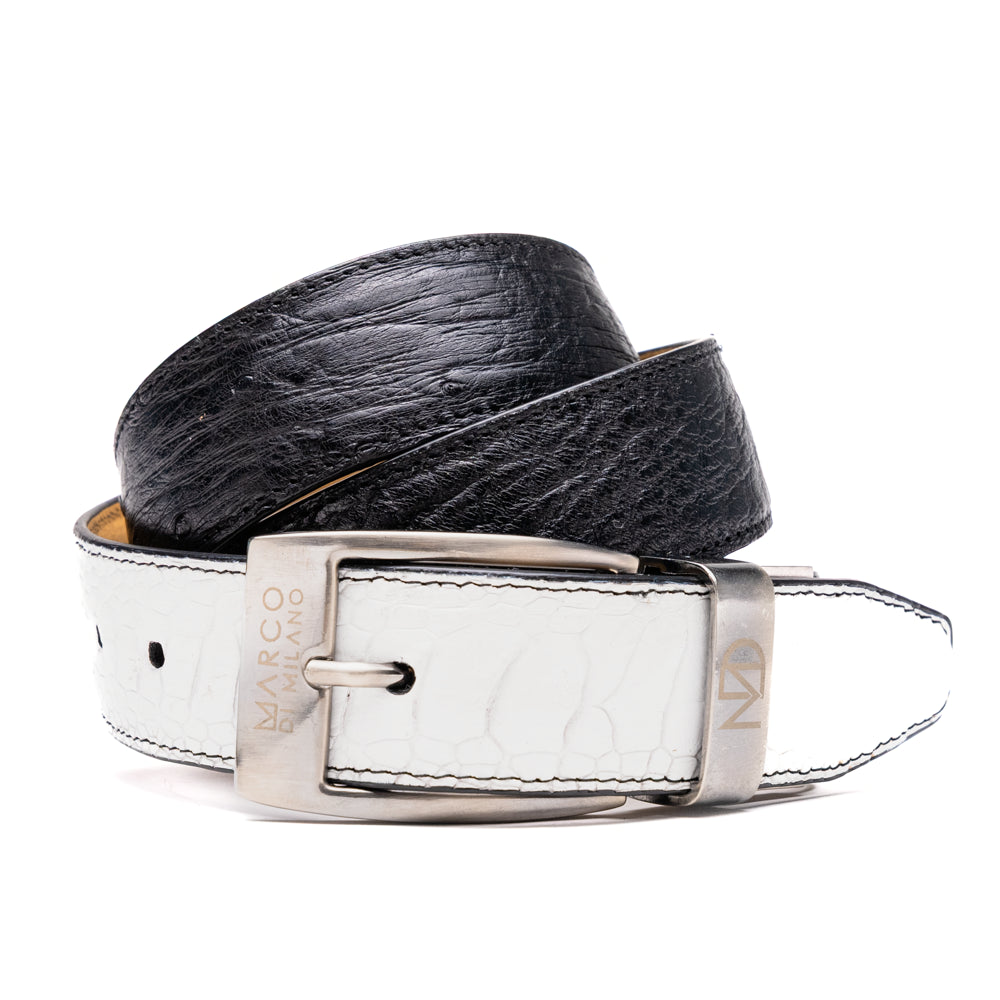 Genuine Ostrich Leg Alessio Exotic Belt Reversible White / Black