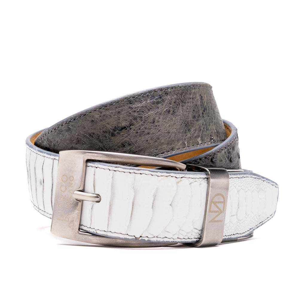 Alessio Genuine Ostrich Leg Exotic Belt White / Gray