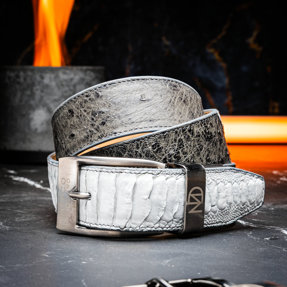 Alessio Genuine Ostrich Leg Exotic Belt White / Gray