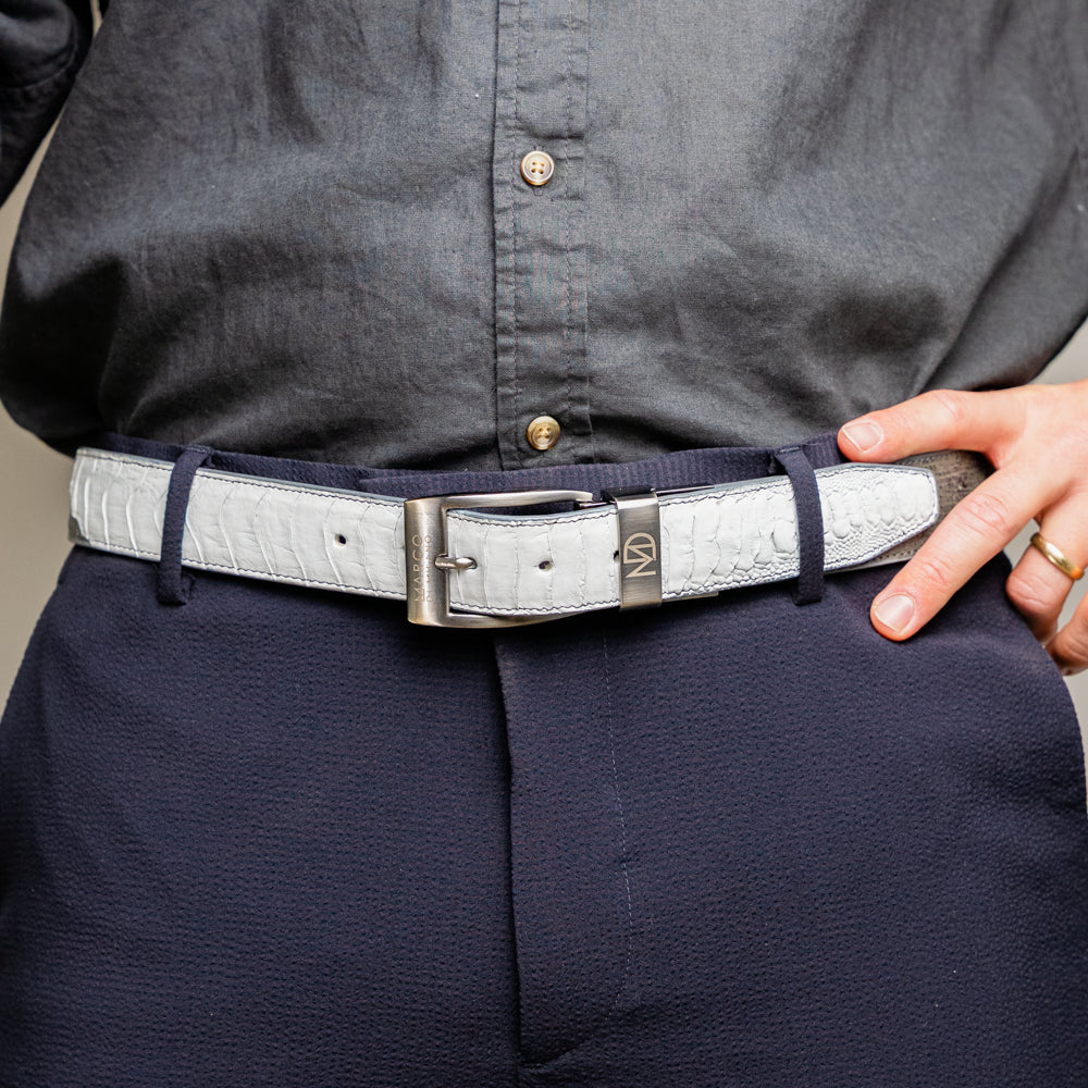Alessio Genuine Ostrich Leg Exotic Belt White / Gray