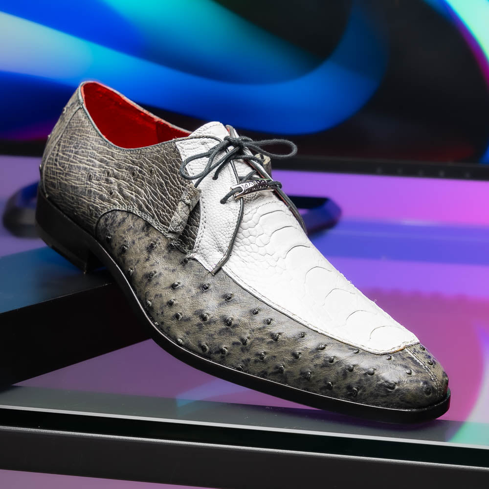 Andretti Genuine Ostrich Leg Dress Derby's Shoes Lace Up White / Gray
