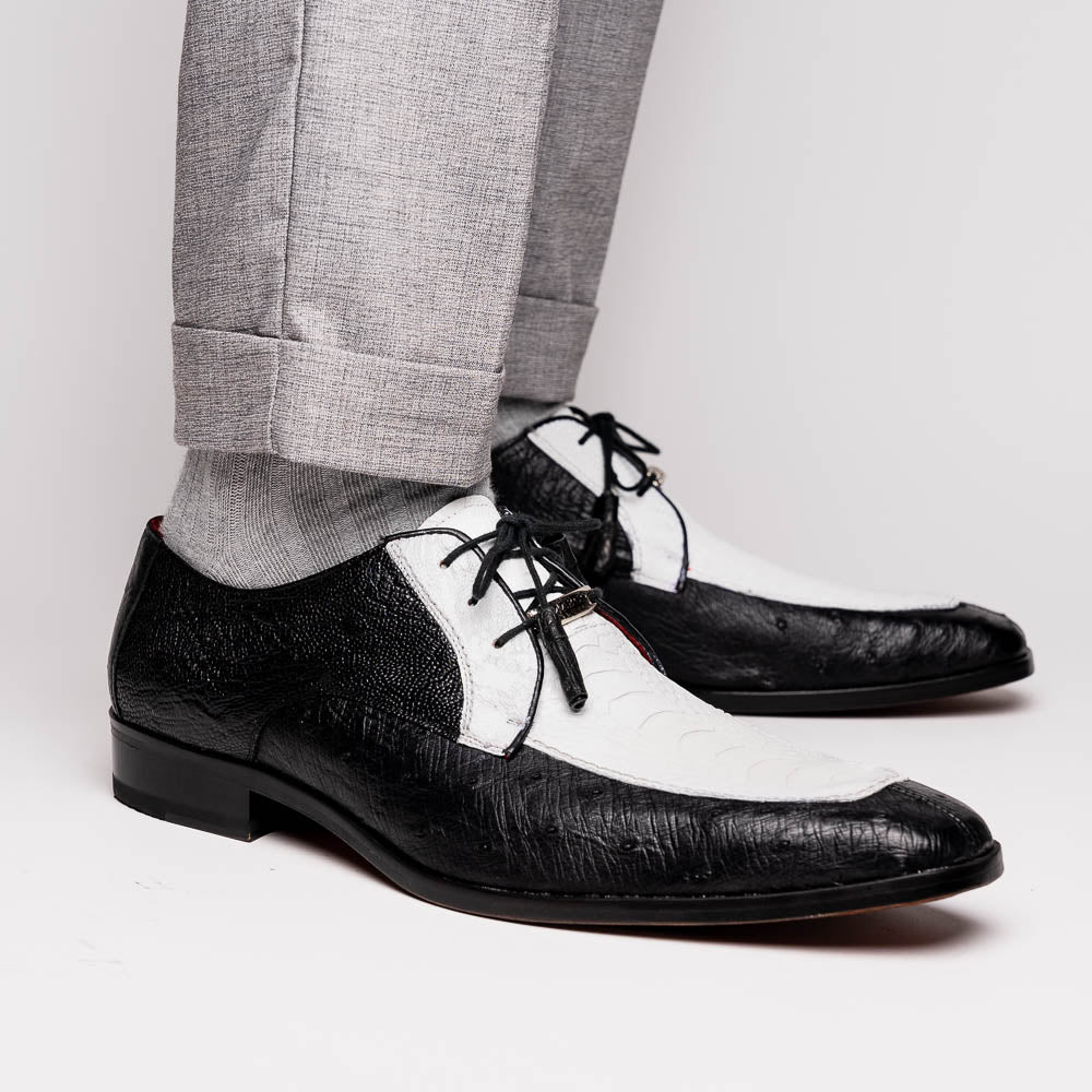Andretti Genuine Ostrich Leg Dress Derby's Tasseled Laces Shoes White / Black