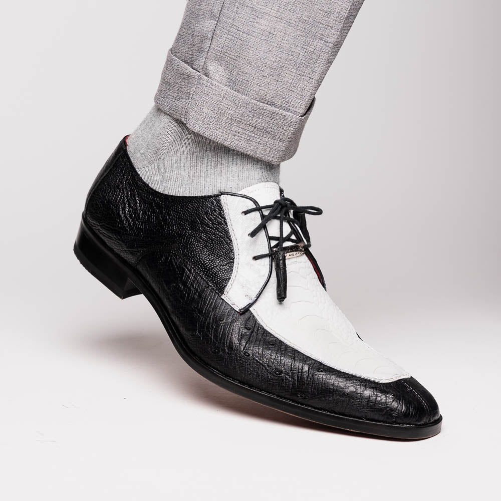 Andretti Genuine Ostrich Leg Dress Derby's Tasseled Laces Shoes White / Black