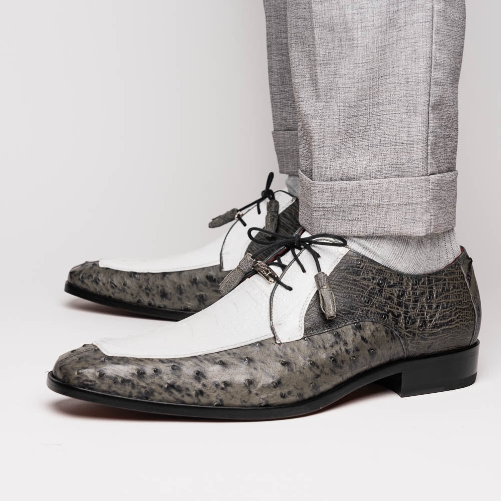 Andretti Genuine Ostrich Leg Dress Derby's Shoes Lace Up White / Gray