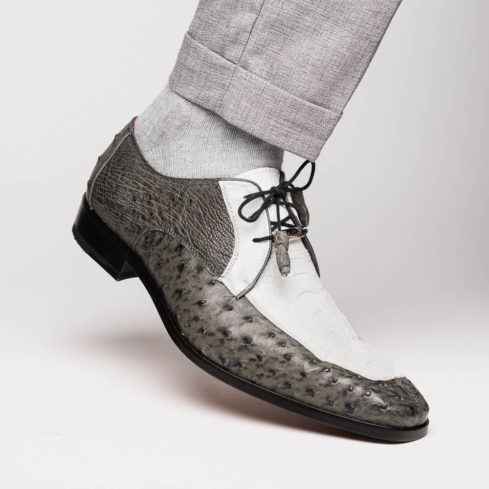 Andretti Genuine Ostrich Leg Dress Derby's Shoes Lace Up White / Gray