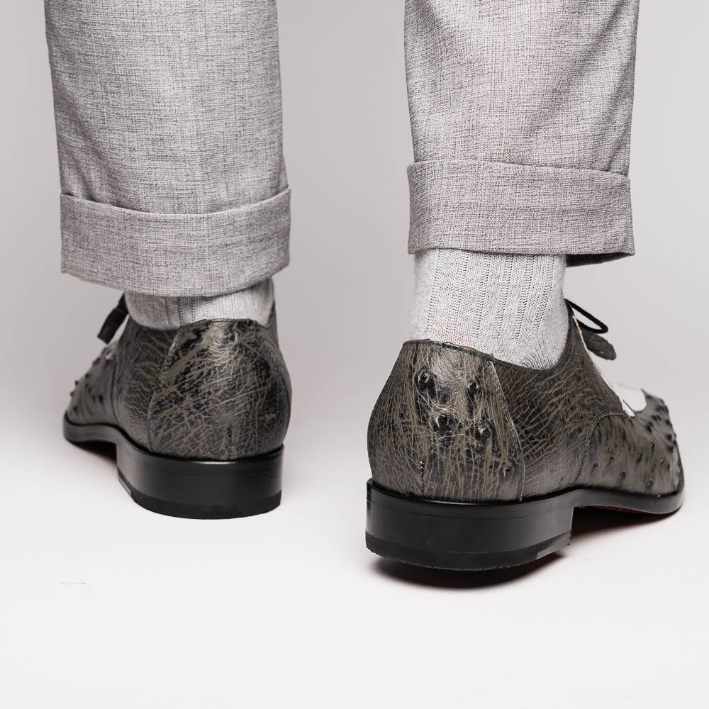 Andretti Genuine Ostrich Leg Dress Derby's Shoes Lace Up White / Gray