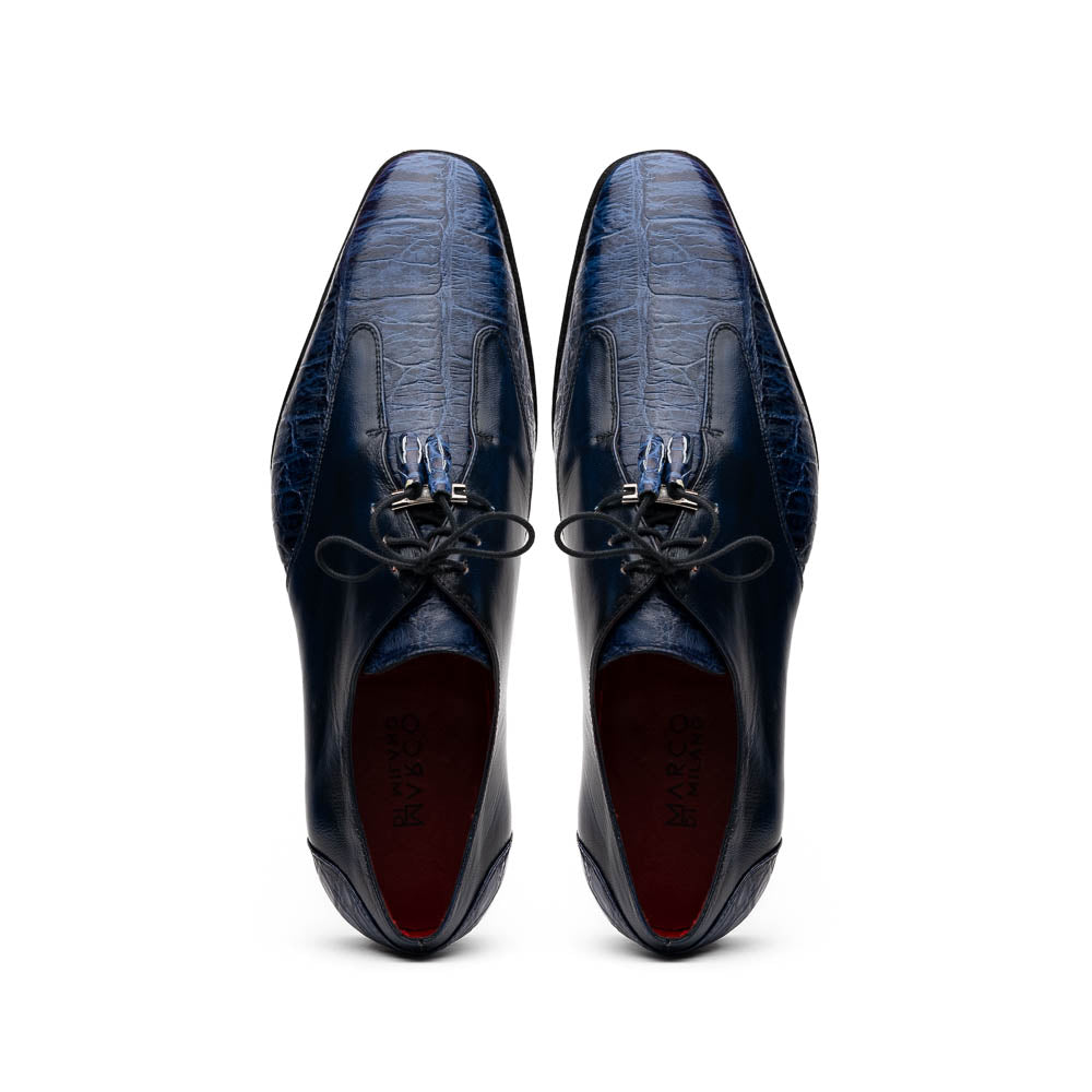 Anzio Genuine Alligator and Calfskin Leather Dress Derby's Shoes Blue Jeans