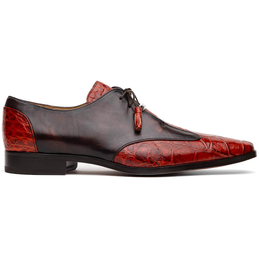 Anzio Rustic Genuine Alligator and Calfskin Leather Dress Derby's Shoes Cognac