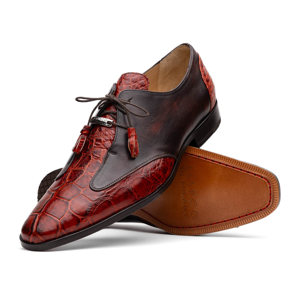 Anzio Rustic Genuine Alligator and Calfskin Leather Dress Derby's Shoes Cognac