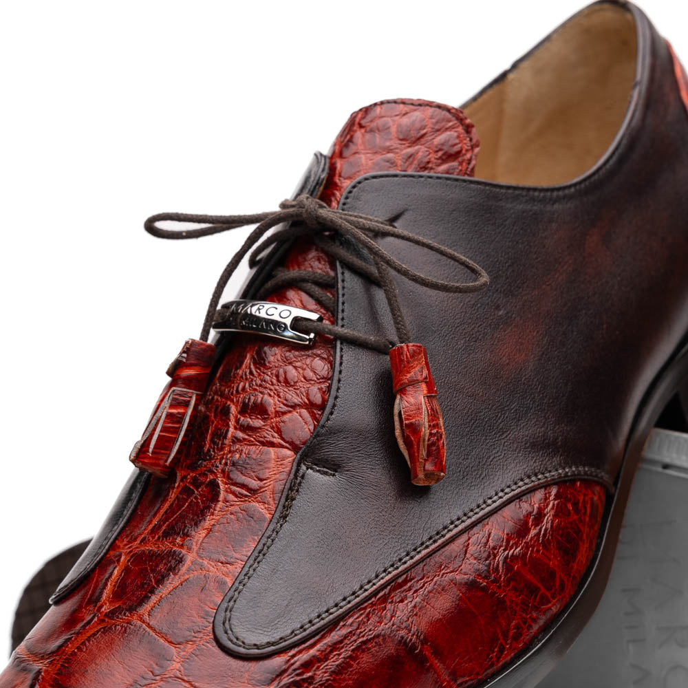 Anzio Rustic Genuine Alligator and Calfskin Leather Dress Derby's Shoes Cognac