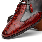 Anzio Rustic Genuine Alligator and Calfskin Leather Dress Derby's Shoes Cognac