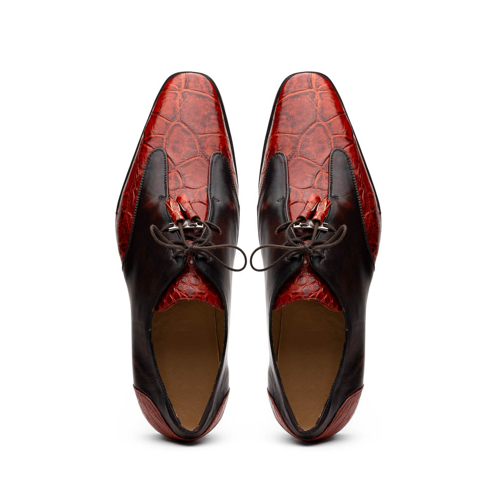 Anzio Rustic Genuine Alligator and Calfskin Leather Dress Derby's Shoes Cognac