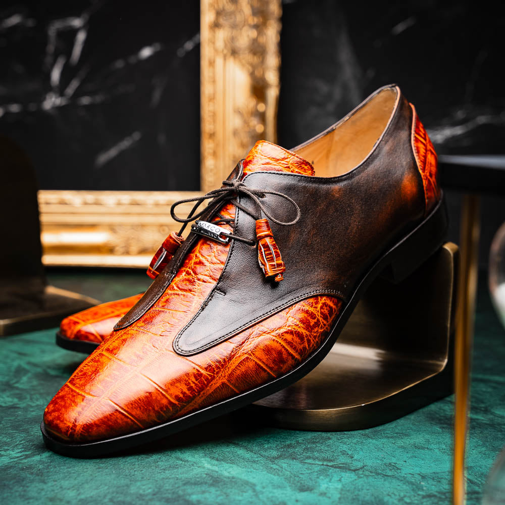 Anzio Genuine Alligator and Calfskin Dress Derby's Shoes Rustic Brandy