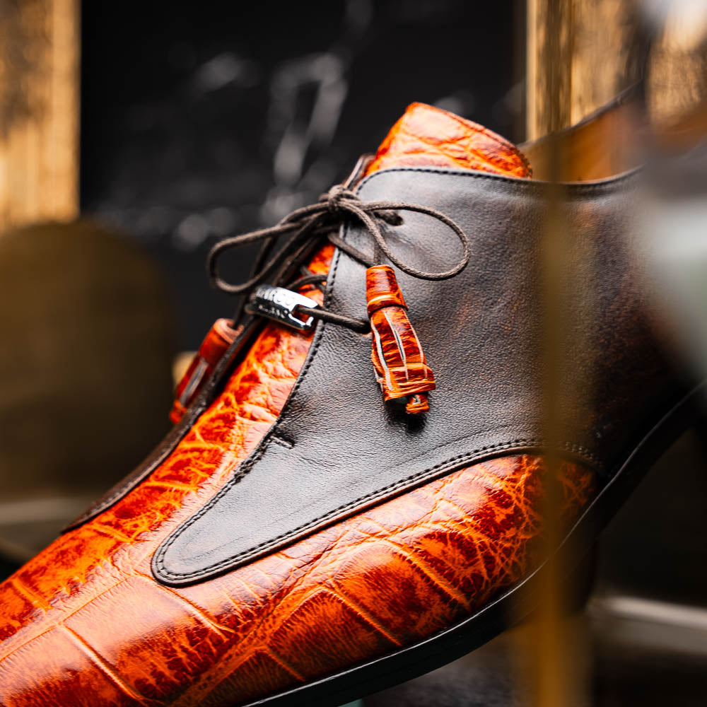 Anzio Genuine Alligator and Calfskin Dress Derby's Shoes Rustic Brandy