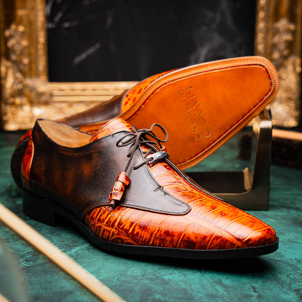 Anzio Genuine Alligator and Calfskin Dress Derby's Shoes Rustic Brandy