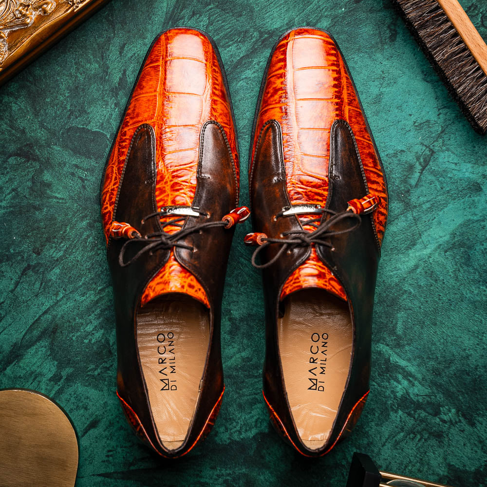 Anzio Genuine Alligator and Calfskin Dress Derby's Shoes Rustic Brandy