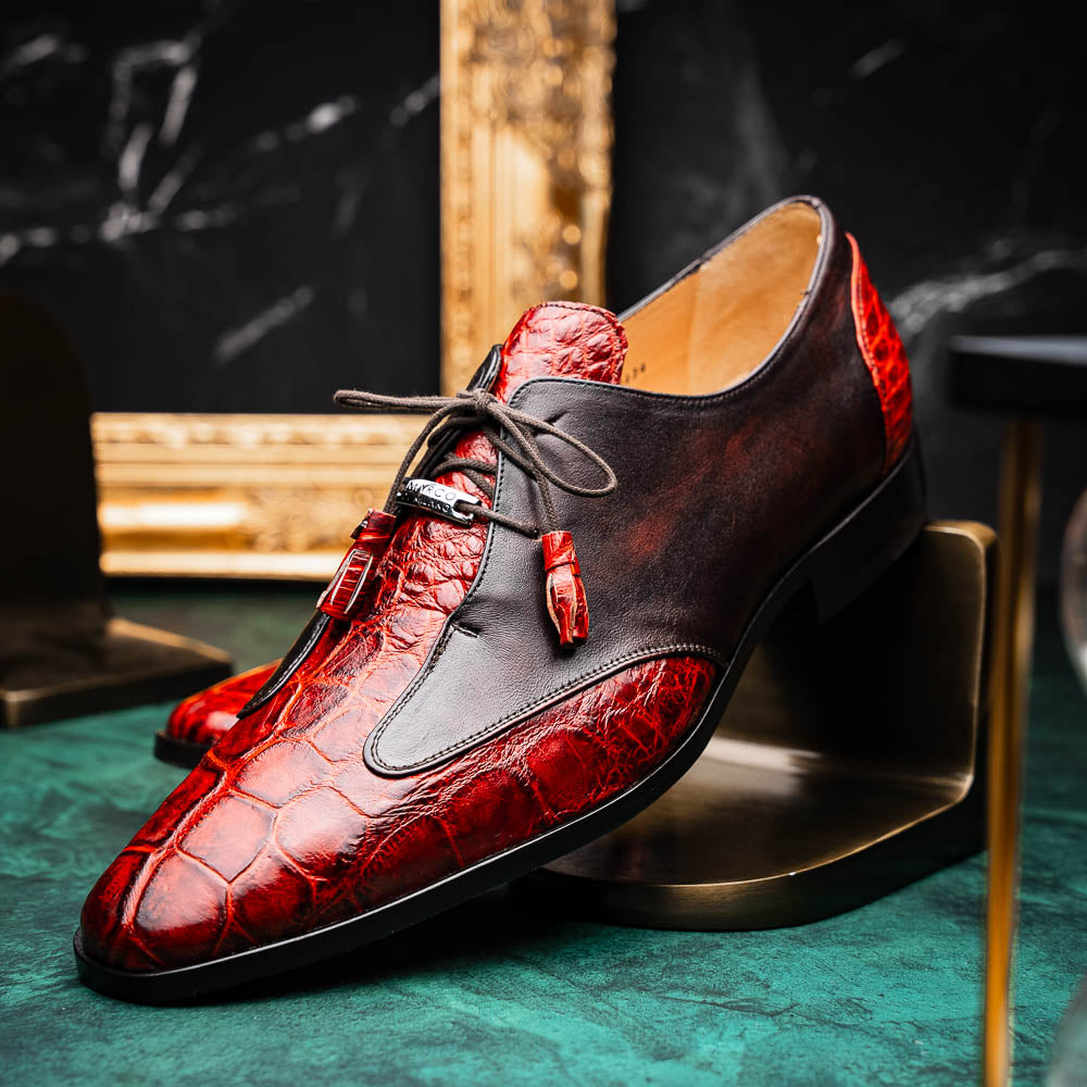 Anzio Rustic Genuine Alligator and Calfskin Leather Dress Derby's Shoes Cognac