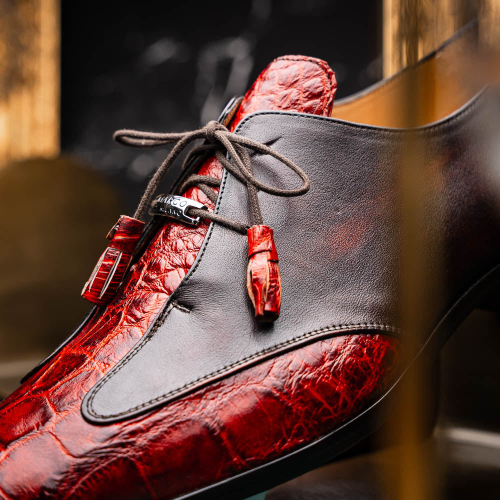 Anzio Rustic Genuine Alligator and Calfskin Leather Dress Derby's Shoes Cognac