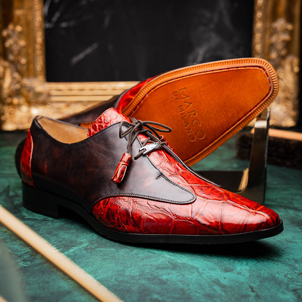 Anzio Rustic Genuine Alligator and Calfskin Leather Dress Derby's Shoes Cognac