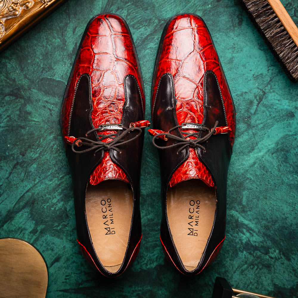 Anzio Rustic Genuine Alligator and Calfskin Leather Dress Derby's Shoes Cognac