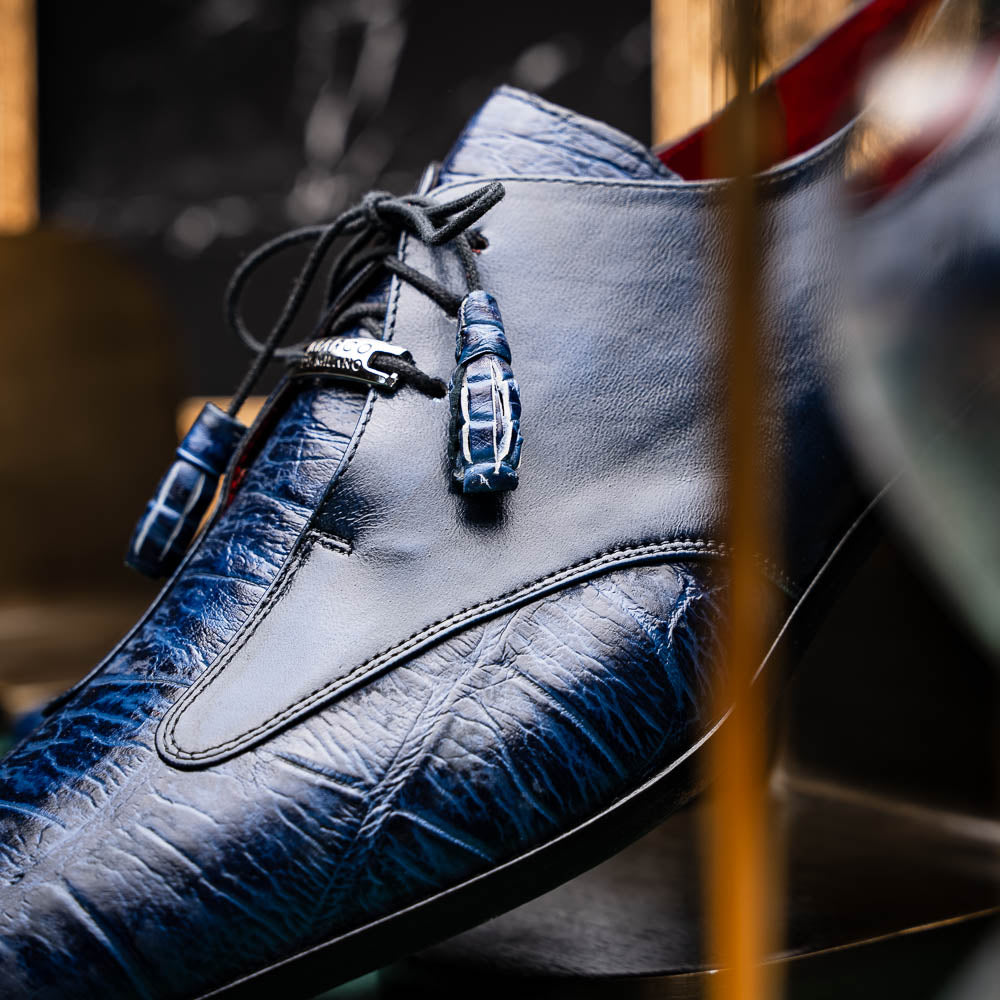 Anzio Genuine Alligator and Calfskin Leather Dress Derby's Shoes Blue Jeans