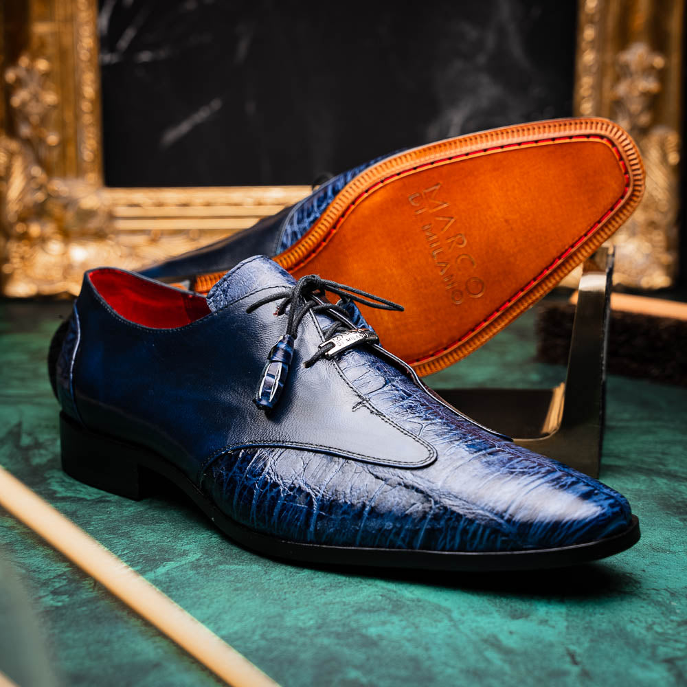 Anzio Genuine Alligator and Calfskin Leather Dress Derby's Shoes Blue Jeans