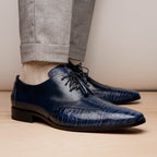 Anzio Genuine Alligator and Calfskin Leather Dress Derby's Shoes Blue Jeans