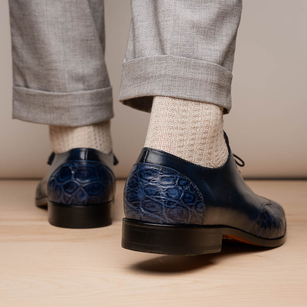 Anzio Genuine Alligator and Calfskin Leather Dress Derby's Shoes Blue Jeans