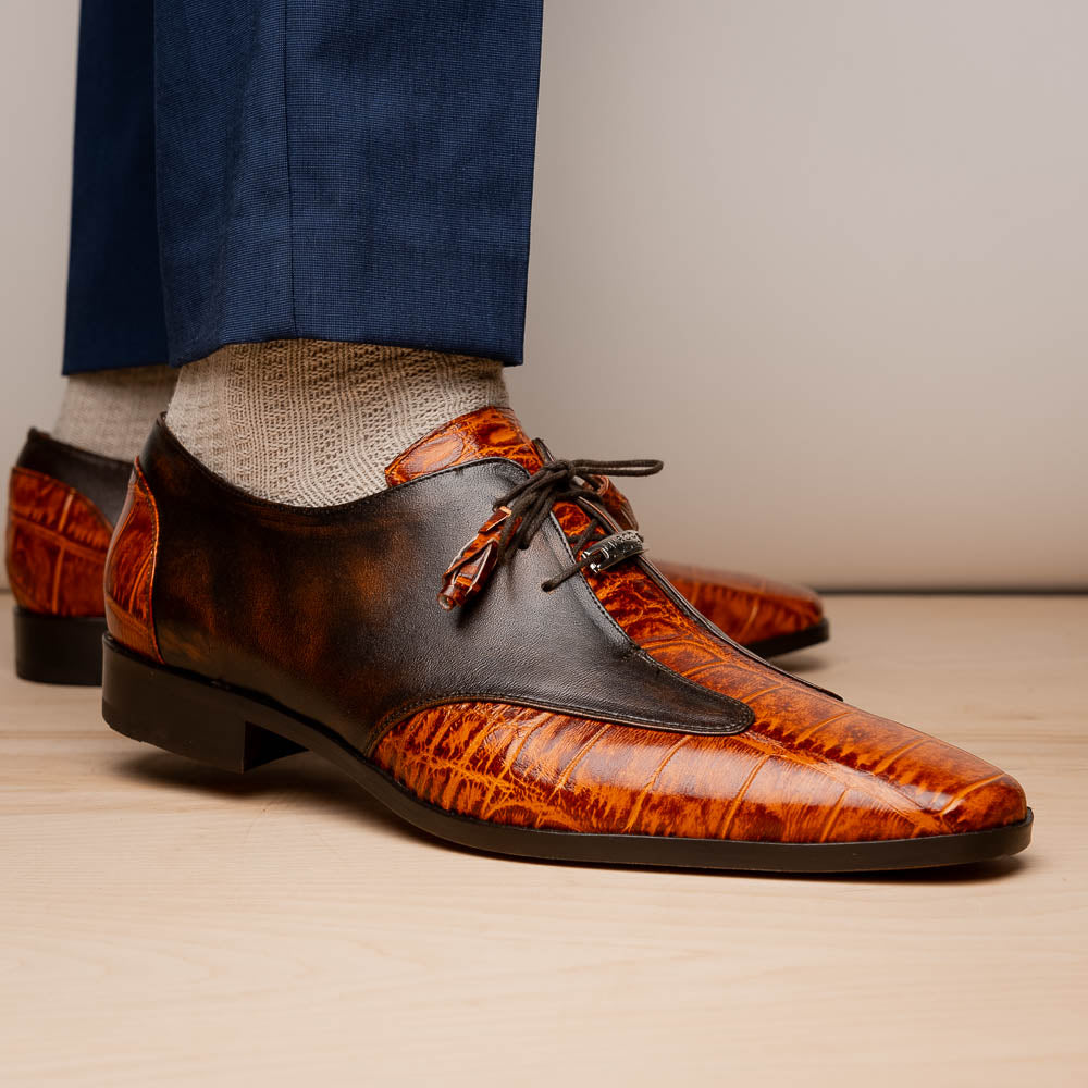 Anzio Genuine Alligator and Calfskin Dress Derby's Shoes Rustic Brandy