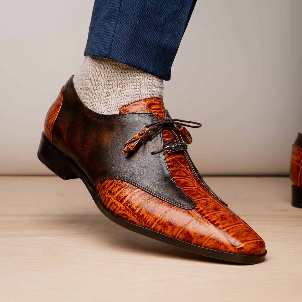 Anzio Genuine Alligator and Calfskin Dress Derby's Shoes Rustic Brandy