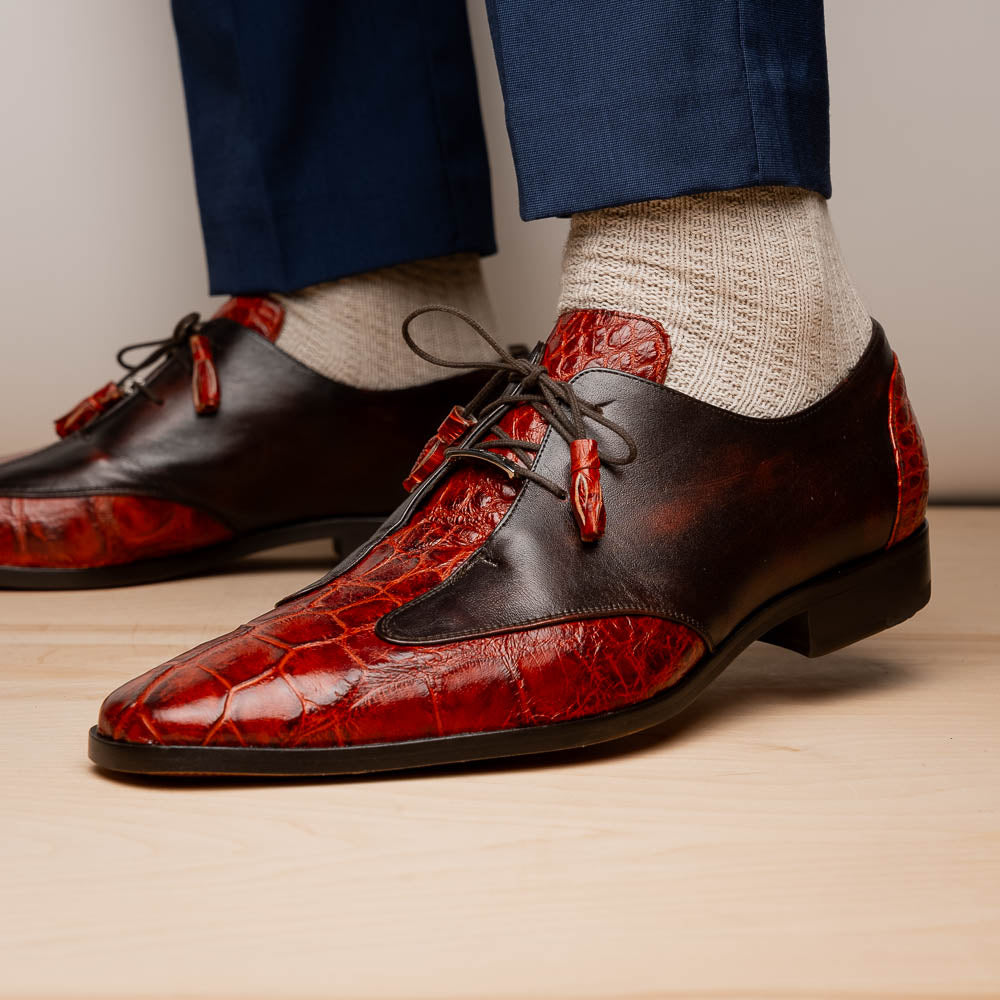 Anzio Rustic Genuine Alligator and Calfskin Leather Dress Derby's Shoes Cognac