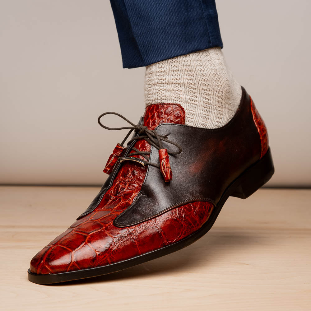 Anzio Rustic Genuine Alligator and Calfskin Leather Dress Derby's Shoes Cognac
