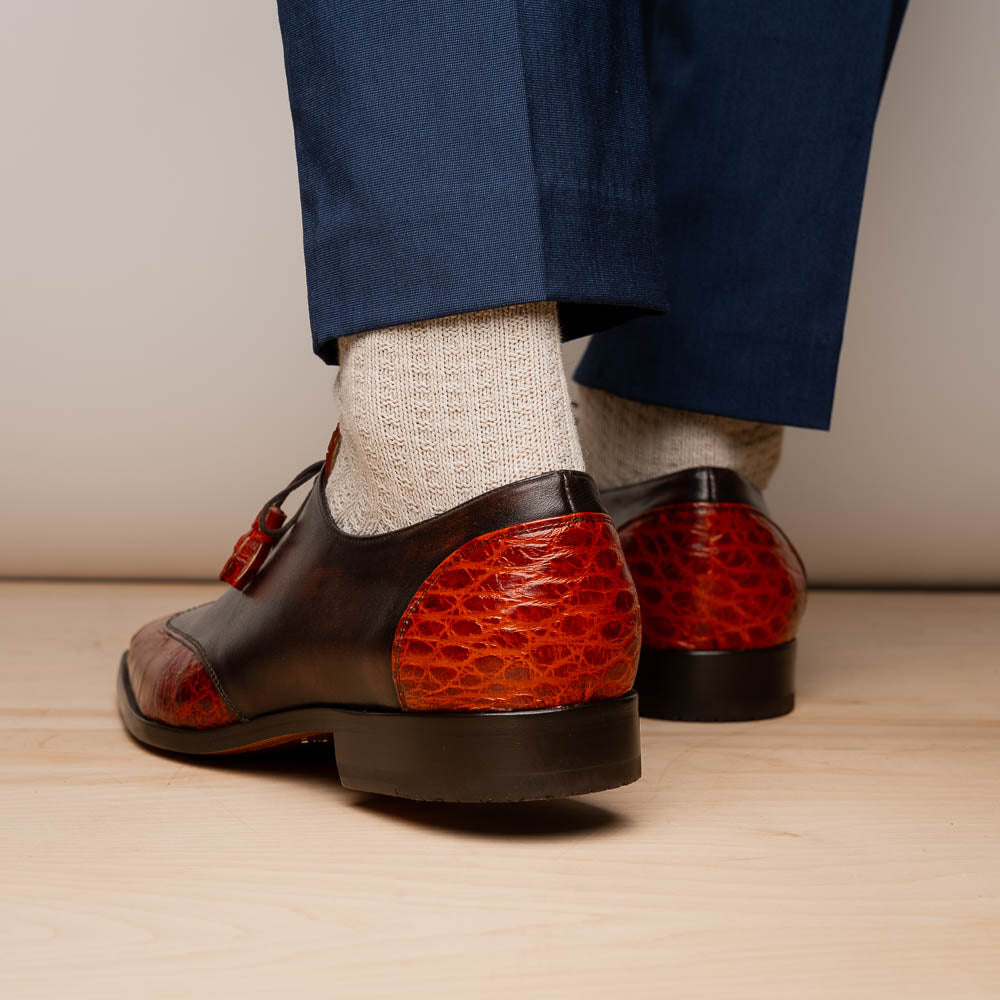 Anzio Rustic Genuine Alligator and Calfskin Leather Dress Derby's Shoes Cognac