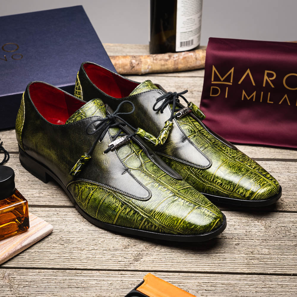 Anzio Genuine Alligator and Calfskin Dress Derby Shoes Rustic Green