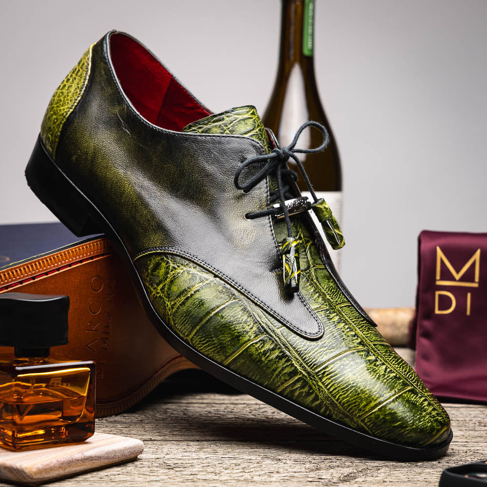 Anzio Genuine Alligator and Calfskin Dress Derby Shoes Rustic Green
