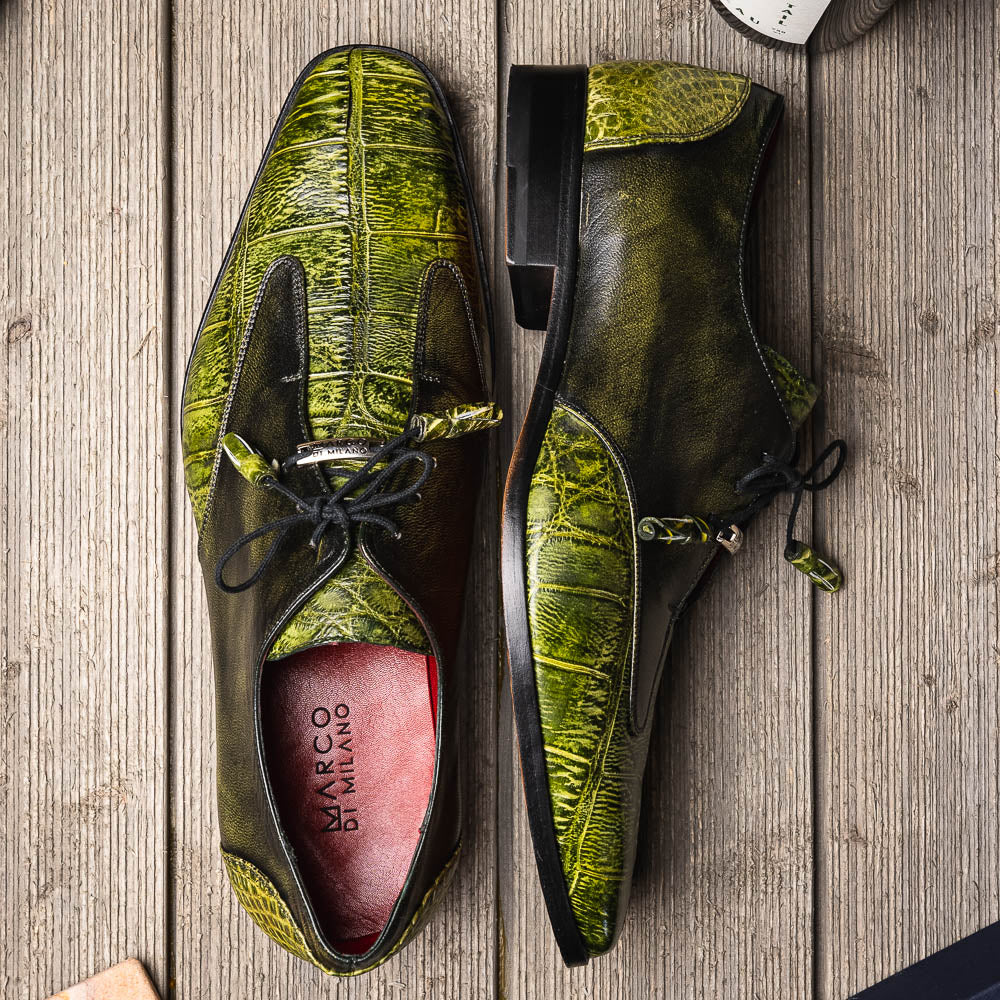 Anzio Genuine Alligator and Calfskin Dress Derby Shoes Rustic Green