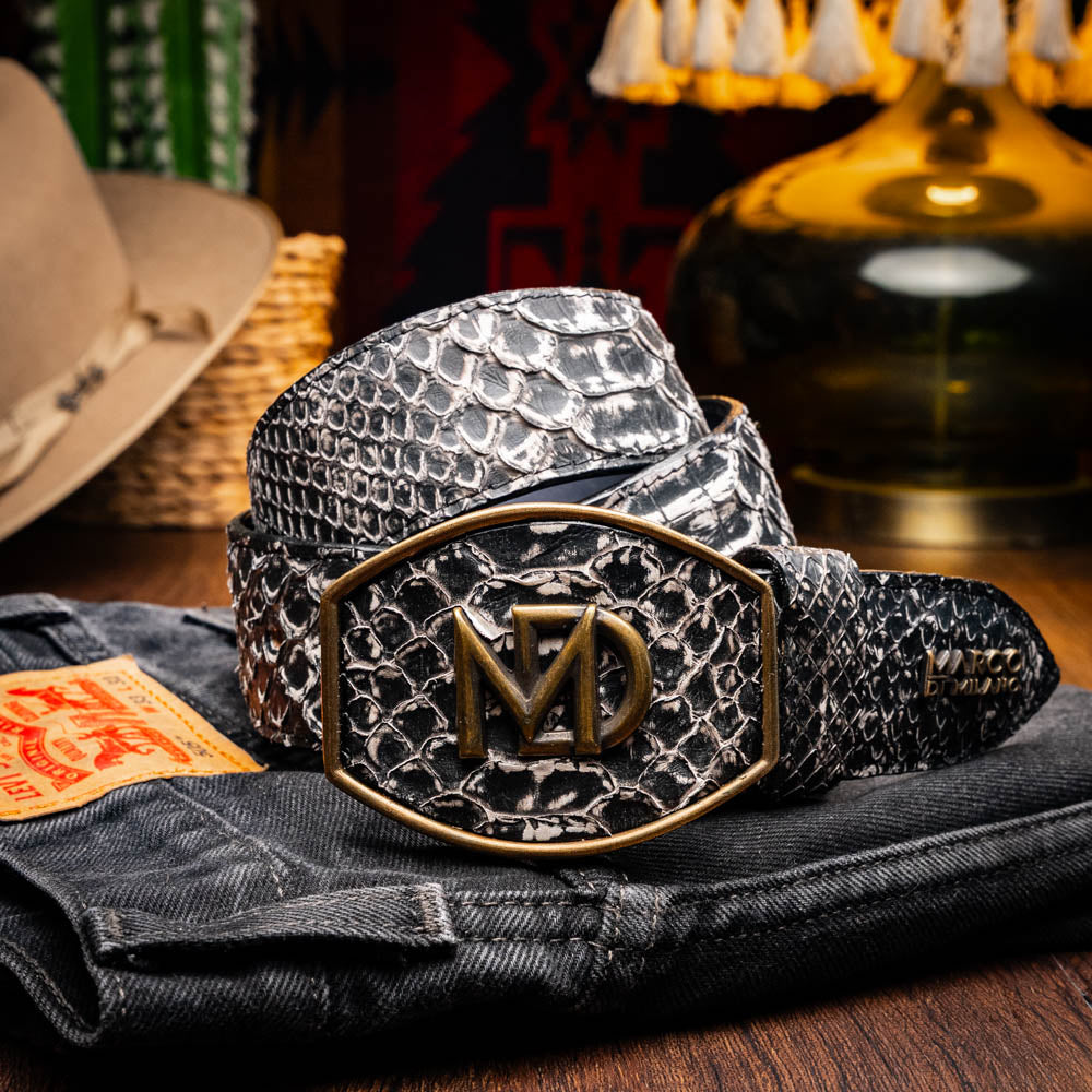 Arkansas Genuine Snake Skin Western Belt Antique Charcoal Gray Newspaper