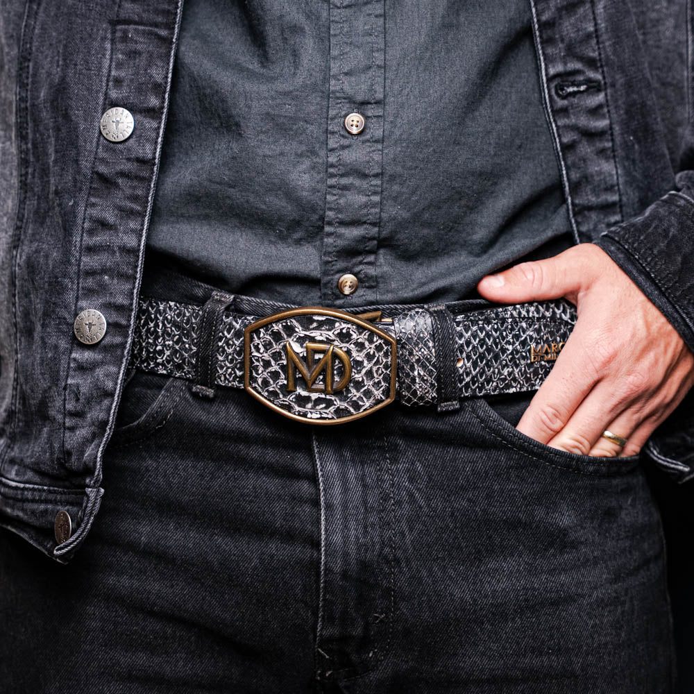 Arkansas Genuine Snake Skin Western Belt Antique Charcoal Gray Newspaper