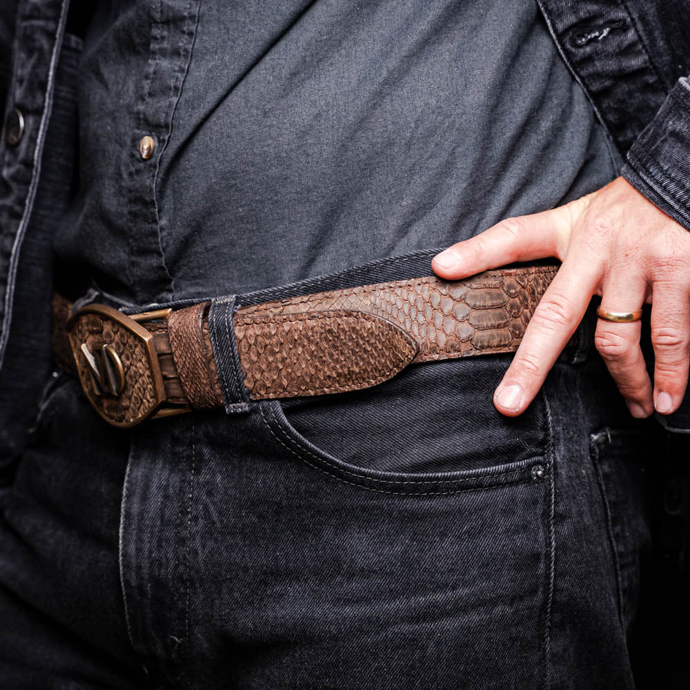 Arkansas Genuine Snake Skin Western Belt Brown