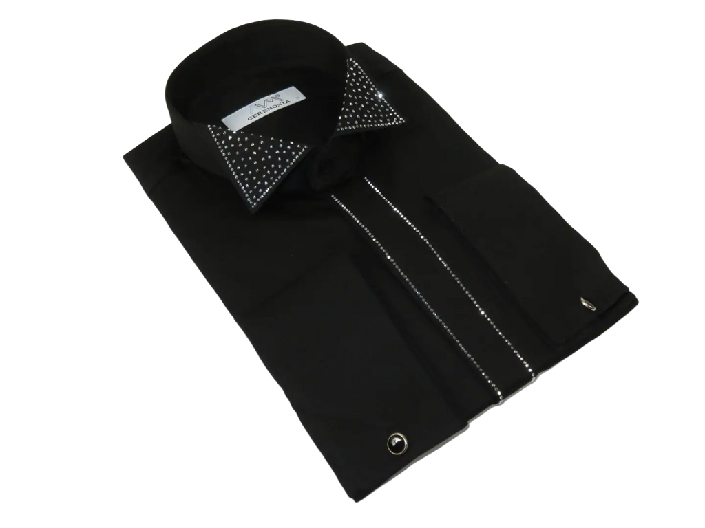 Men CEREMONIA Formal Cotton Shirt Rhinestone Slim Fit Turkey #ATS 115 Black
