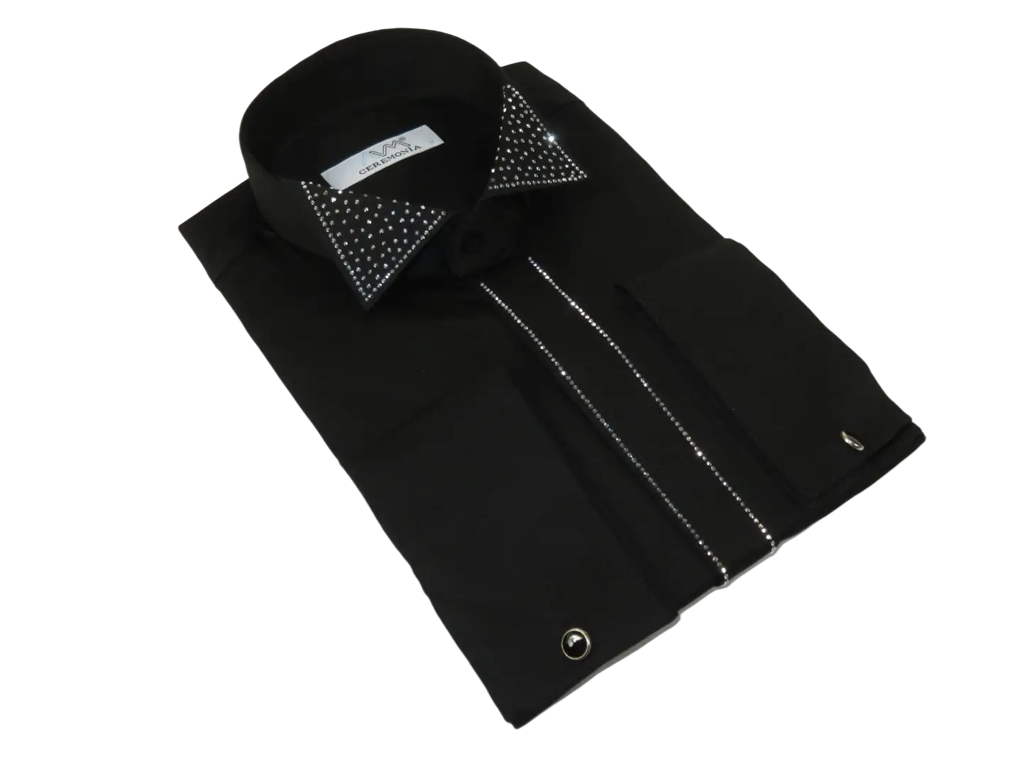 Men CEREMONIA Formal Cotton Shirt Rhinestone Slim Fit Turkey #ATS 115 Black