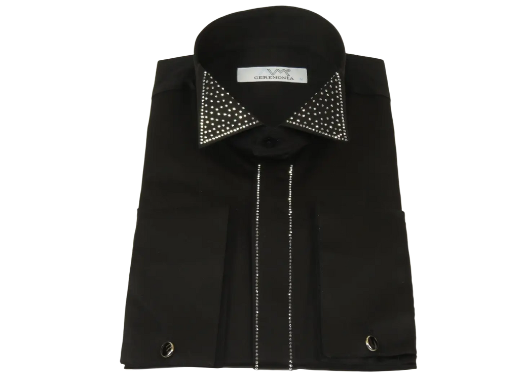 Men CEREMONIA Formal Cotton Shirt Rhinestone Slim Fit Turkey #ATS 115 Black