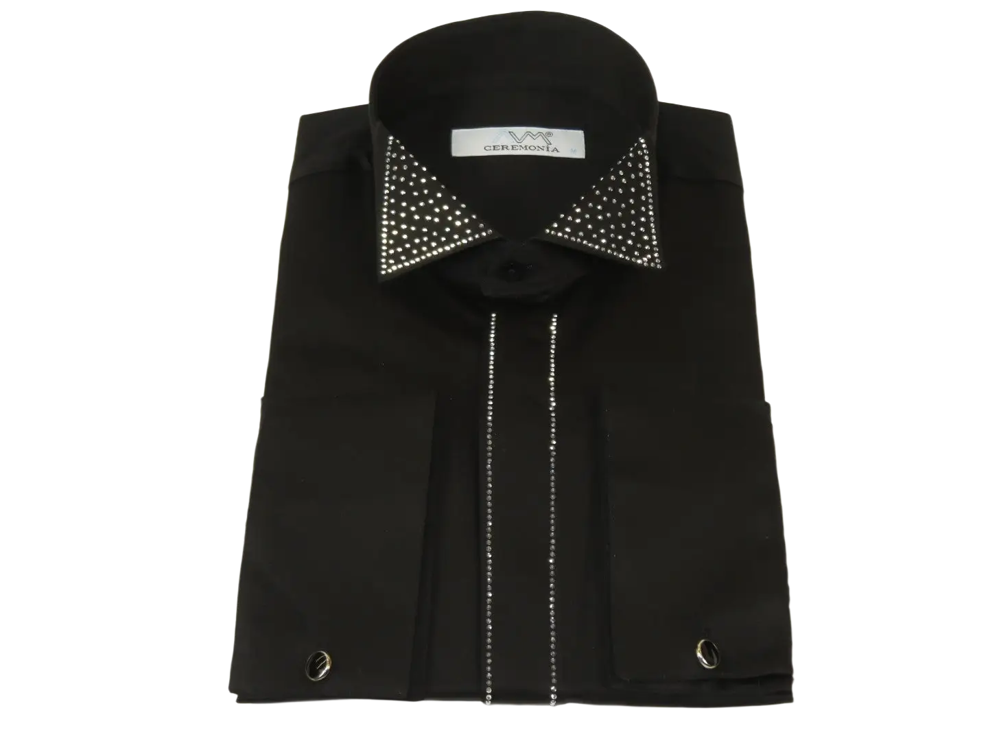 Men CEREMONIA Formal Cotton Shirt Rhinestone Slim Fit Turkey #ATS 115 Black