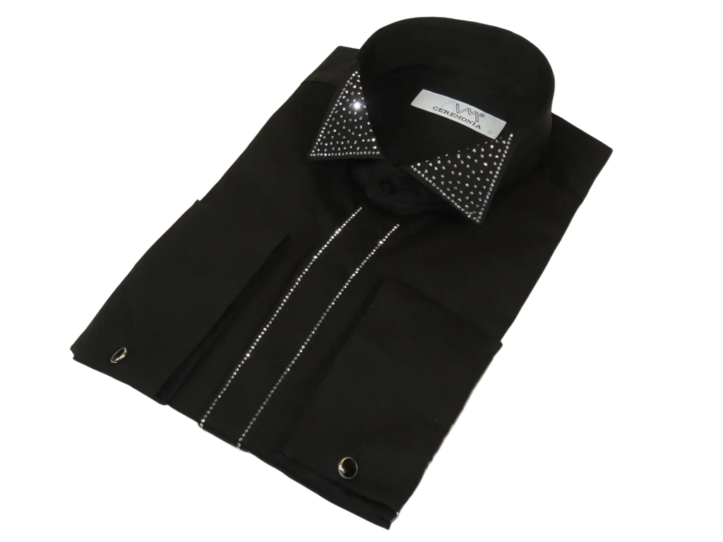 Men CEREMONIA Formal Cotton Shirt Rhinestone Slim Fit Turkey #ATS 115 Black