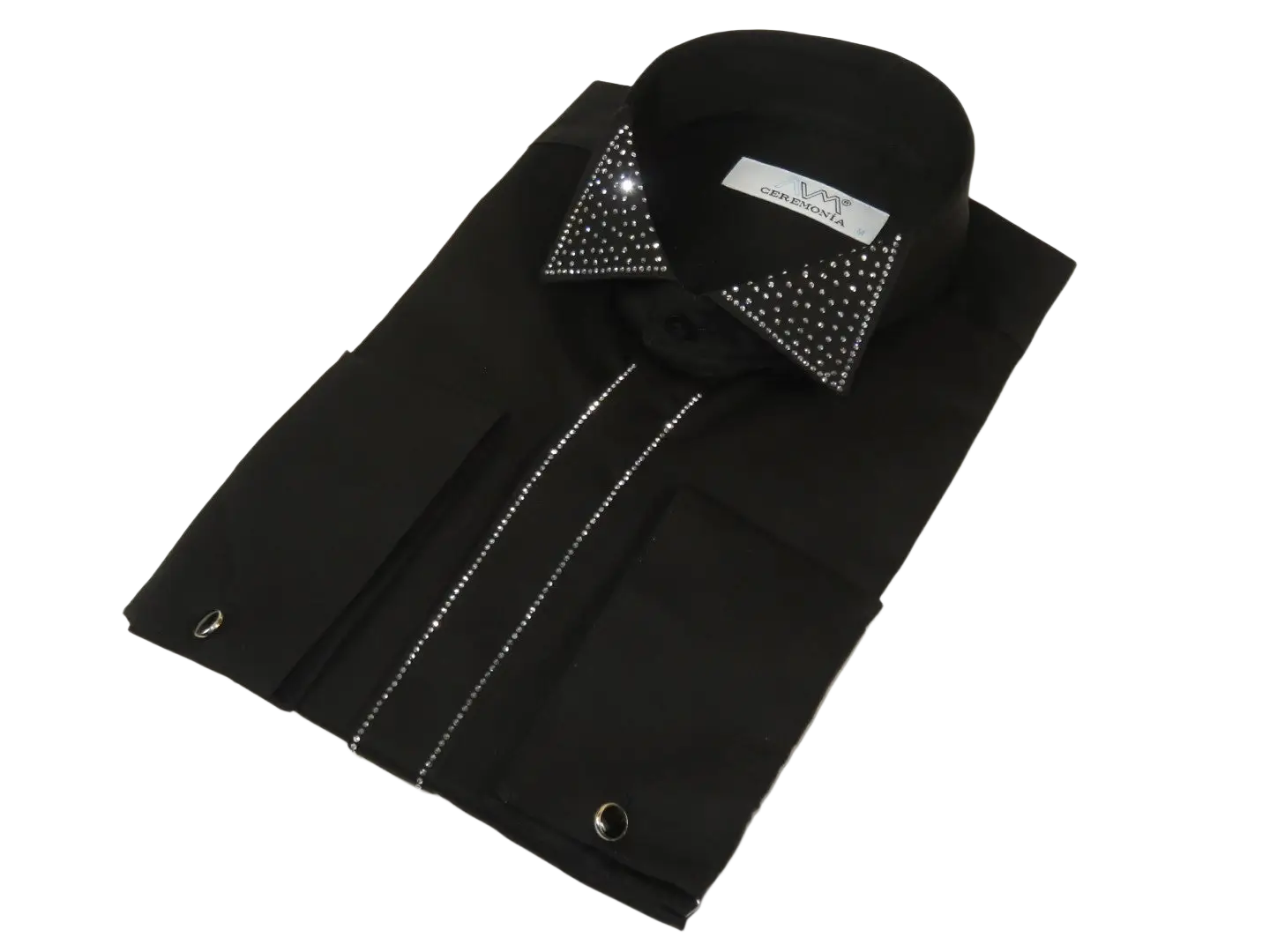 Men CEREMONIA Formal Cotton Shirt Rhinestone Slim Fit Turkey #ATS 115 Black