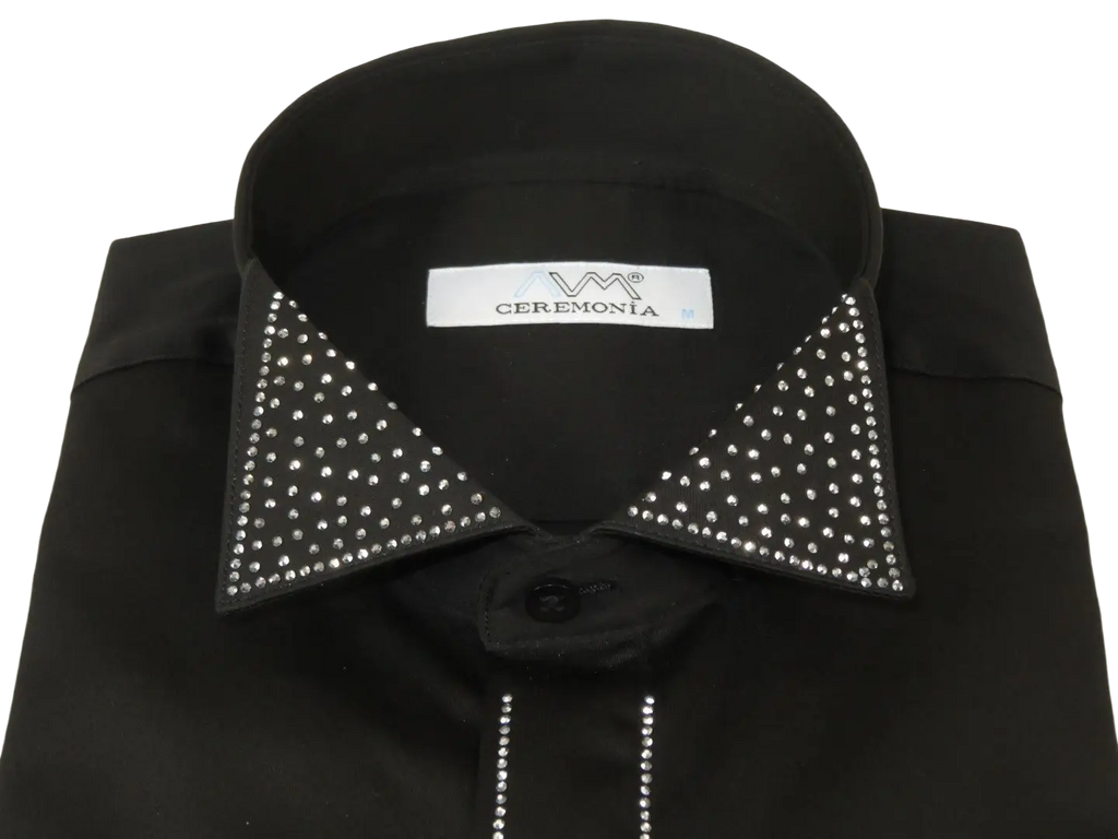 Men CEREMONIA Formal Cotton Shirt Rhinestone Slim Fit Turkey #ATS 115 Black