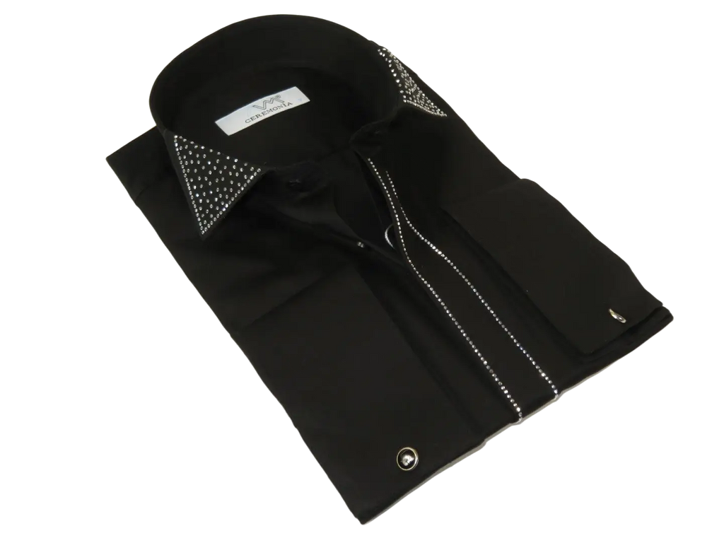 Men CEREMONIA Formal Cotton Shirt Rhinestone Slim Fit Turkey #ATS 115 Black